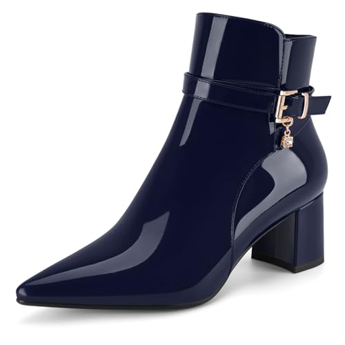 Women's Fashion Leather Chunky Ankle Boots Multi Strap Sparkly Rhinestone Pointed Toe Heeled Booties