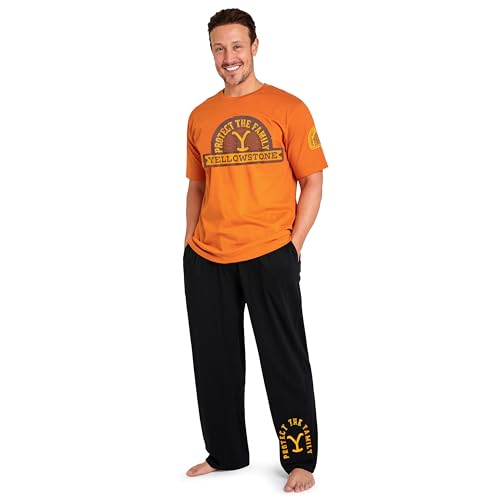 Yellowstone Mens Pyjamas Set Comfortable Cotton Loungewear - Gifts for Him (Orange/Black XL)