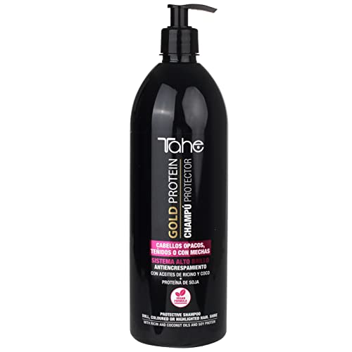 Tahe Gold Protein Champú protector para cabellos opacos, teñidos o con mechas con efecto antiencrespamiento (1000 ml)