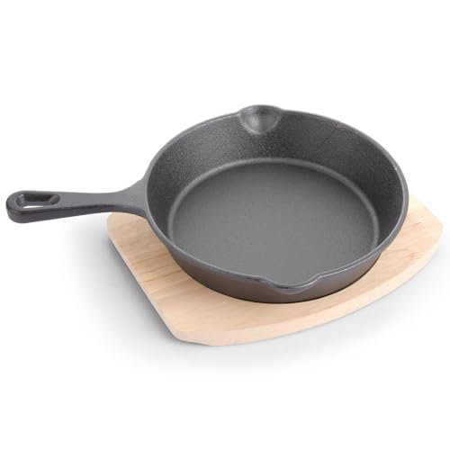 20 X 4 CM Cast Iron Frying Pan with Wooden Base, Round Cast Iron Pan Set with Handle, Heavy Duty Metal Skillet, Oven Safe Steel Frying Pans for Camping Indoor & Outdoor Cooking