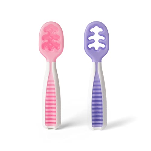 Image of NumNum Baby Spoons Set, Pre-Spoon GOOtensils for Kids Aged 6+ Months - First Stage, Baby Led Weaning (BLW) Teething Spoon - Self Feeding, Silicone Toddler Food Utensils - 2 Spoons, Lilac/Rosebud