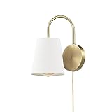 Globe Electric 65000053 1-Light Hardwire or Plug-in Wall Sconce, Matte Brass, White Textured Shade, Arched Arm, Lighting, Home Decor, Lights for Bedroom Plug in