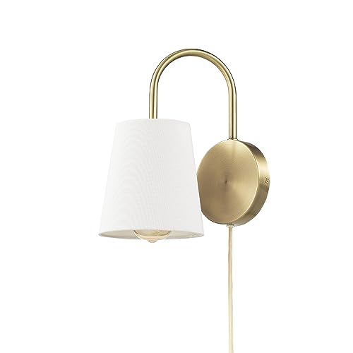 Image of Globe Electric 65000053 1-Light Hardwire or Plug-in Wall Sconce, Matte Brass, White Textured Shade, Arched Arm, Lighting, Home Decor, Lights for Bedroom Plug in
