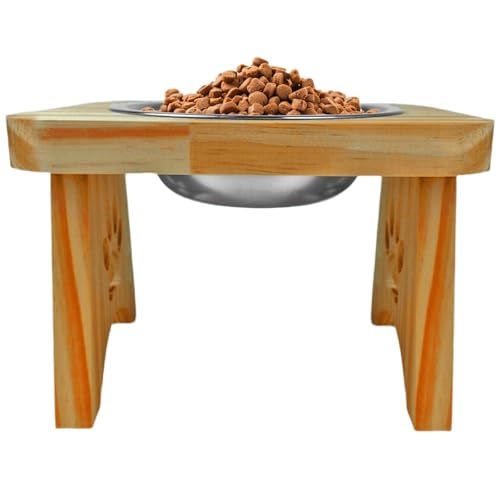 Comedouro Elevado para Cães e Gatos, Suporte em Madeira com Tigela em Aço Inox, Tamanho Pequeno