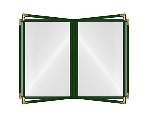 Goodsmart Restaurant Menu Covers – 25 Pack Green 4-Page/8-View 8.5" x 11", Side-Loading Vinyl Menu Holders with Clear Sleeves, Double-Stitched, Leather-Style Café Covers with Gold Corners