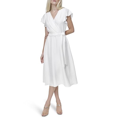 Image of DKNY Women's Flutter Sleeve Tie Fit & Flare Midi Dress