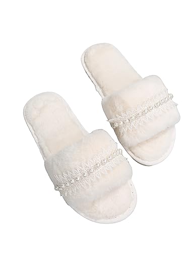 Verdusa Women's Pearls Open Toe Fuzzy House Slippers Faux Fur Bedroom Shoes