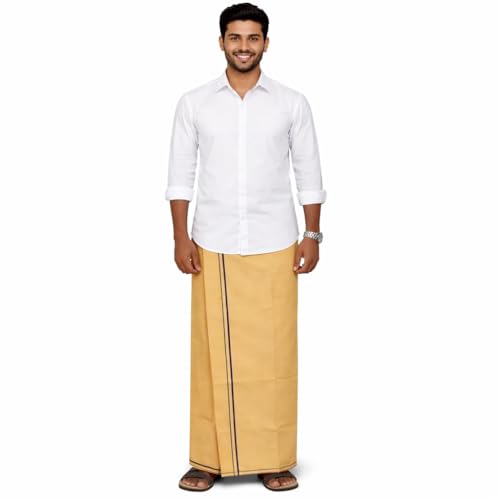 Image of Pure Cotton Dhoti for Men (1.28 x 1.87 m) | Solid Panchalu with Varied Small Color Border | Kerala Cotton Veshti, Khadi Dhoti | Lightweight Pooja & Temple Wear