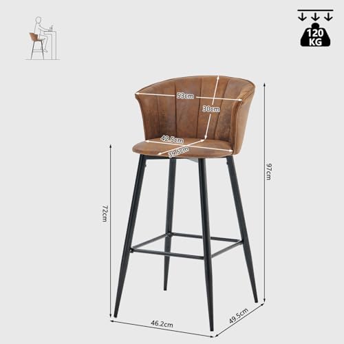 MEUBLE COSY Zestaw 6 stołków barowych i kuchennych, wysokość 72 cm, z oparciem i podnóżkiem, tapicerowane zamszową skórą, do blatu, jadalni i stołka barowego, kolor brązowy