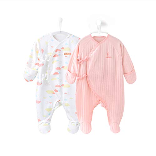 COBROO 2-Pack Baby Girl Footies Pajamas with Mittens 100% Cotton Clouds Baby Girl Pajamas Set 0-3 Months