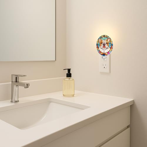 Image of Dog Night Light English Bulldog, Stained Glass Styled Plug-in Wall Nightlight, Bulb Included, Pet Memorial & Dog Lover Gift, Bedroom Hallway Bathroom Decor