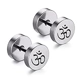 Buddha Namaste Ohm Om Aum Sanskrit Earrings for Men,Stainless Steel 2 Sides Inspirational Meditation Gift Screw Flat Back Stud Earring Hindu Yoga Ear Plugs for Him