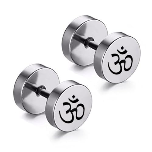 Buddha Namaste Ohm Om Aum Sanskrit Earrings for Men,Stainless Steel 2 Sides Inspirational Meditation Gift Screw Flat Back Stud Earring Hindu Yoga Ear Plugs for Him
