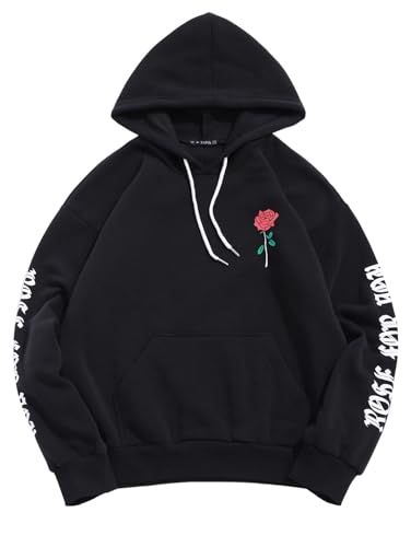 ZAFUL Men's Fleece Hoodie Unisex Rose Letter Print Hooded Pullover Kangaroo Pocket Sweatshirt