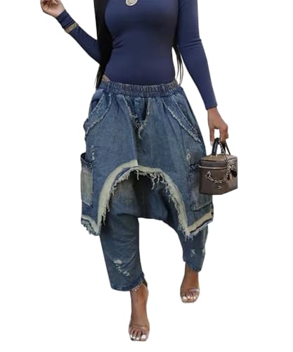 Women's Baggy Stretchy Denim Harem Pants Elastic High Waisted Washed Distressed Ripped Raw Edge Wide Leg Jeans