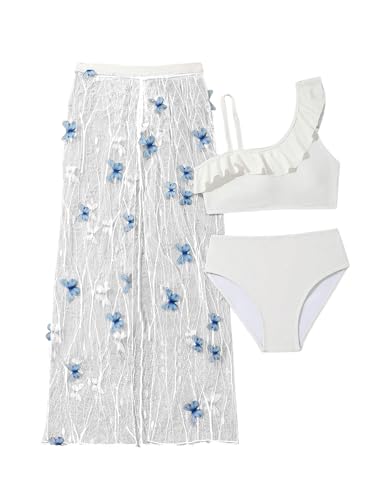 SHENHE Girl's 3 Pieces Bikini Set Ruffle Trim Bathing Suit Asymmetrical Neck Swimsuit with Sheer Pants