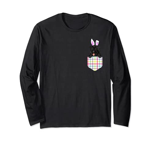 Easter Plaid Bouvier des Flandres Bunny Dog In Pocket Long Sleeve T-Shirt, Black