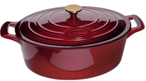Image of La Cuisine Enameled Cast Iron Oval Dutch Oven Casserole Dish Pot with Lid 5 QT Internal Matt Black Enamel Coating, Cranberry, Gold-Plated Stainless Steel Lid Handle, Oven Safe
