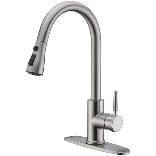 WEWE High-Arc Pull-Down Kitchen Faucet, Brushed Nickel, 3-Mode Sprayer