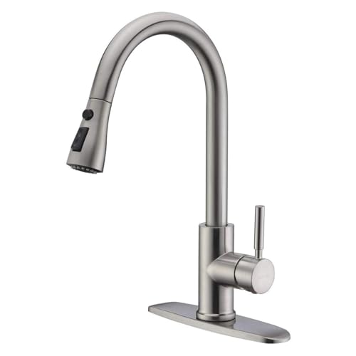 WEWE Single Handle High Arc Brushed Nickel Pull Out Kitchen Faucet,Single Level Stainless Steel Kitchen Sink Faucets with Pull Down Sprayer,Suitable for Laundry Rv Bar by WEWE - Used condition - US$50.68