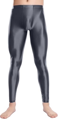 Ausing Men's Leggings Oily Shinny Tight Long Pants Sport Glossy See Through Stretch Trousers Shiny Gym XXL Grey
