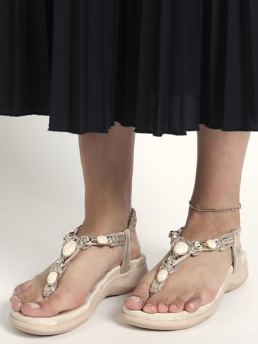 Image of Marc Loire Women's Casual Beaded Flats Sandal | T-Strap Lightwieght and Backstrap Stylish Flat for Daily & Casual Wear