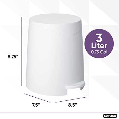 Image of Superio Mini Bathroom Trash Can with Lid 3 Liter, Plastic Waste Bin 0.75 Gallon, Modern Flat Lid Step On Trash Can with Foot Pedal, for Bathroom, Bedroom, Office, Under Desk, Soft Close (2, White)
