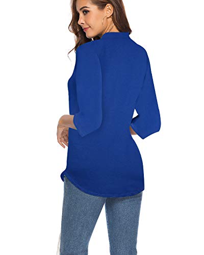 Ceasikery Women's 3/4 Sleeve V Neck Tops Casual Tunic Blouse Loose Shirt Blue #TOP3
