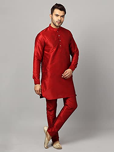Image of Uri and MacKenzie Men's Silk Blend Solid Pathani Kurta with Readymade Pajama Pant Set