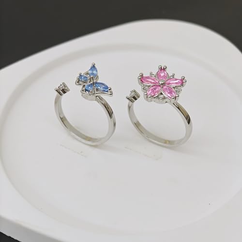 Anti-Anxiety Fidget Spinner Rings, 2PCS Gold or White-Gold Plated Copper CZ Couple Matching Promise Rings, Butterfly and Cherry Blossom Flows Shapes, Adjustable Opening3