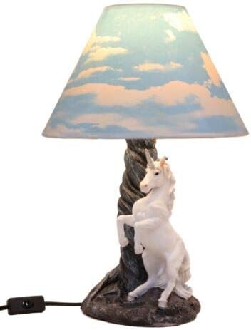 Ebros Gift Enchanted Lights Rearing Mystical Rare White Unicorn Sculptural Desktop Table Lamp with Cloudy Skies Color Printed Shade 19"Tall As Fantasy Home Decor of Unicorns Magic Elixir of Youth