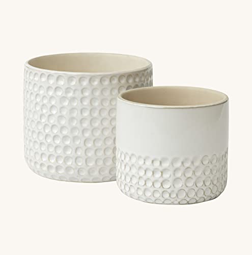 La Jolie Muse Ceramic Planter Flower Plant Pots- 6.7+5.5 Inch Concave Dot Patterned Cylinder Flower Pot W/ Drain Hole For Indoor, Set Of 2, Ivory #TOP5
