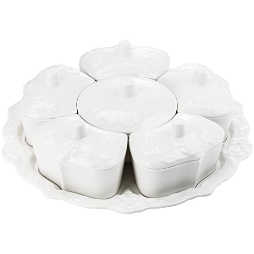 Lyellfe Divided Serving Dishes, Plastic Snack Appetizer Tray With Lid, 13 Inch Dry Fruit Veggie Bowls With 6 Compartments, White Relish Tray For Candy, Chips And Dip, Veggie #TOP3