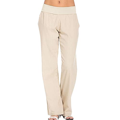 Elogoog Calça feminina de linho plus size capri com cordão elástico de cintura alta para ioga calças