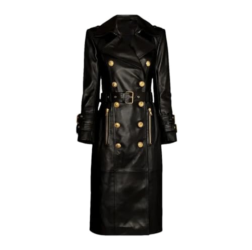 Manteau long en cuir PU noir à double boutonnage pour femme