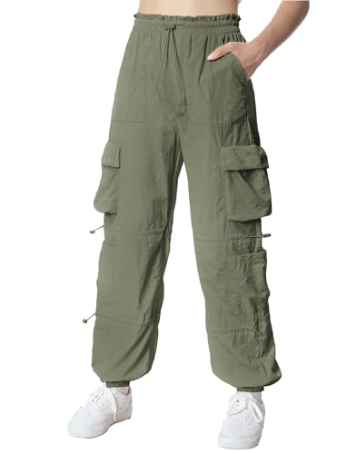 Image of EXARUS Girls Parachute Pants Cargo Hip Hop Wide Leg Baggy Y2K Teen | Tween Casual School Dance Streetwear with Pockets Elastic Waist Youth Junior Kids Bottoms Hiking 8-14Y