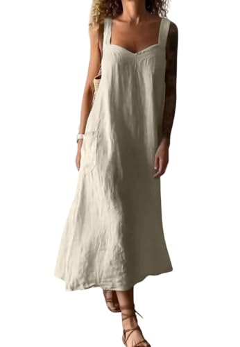 Image of chouyatou Women's Summer Spaghetti Strap Sleeveless Linen Overall Dress Casual A-Line Midi Long Beach Dress