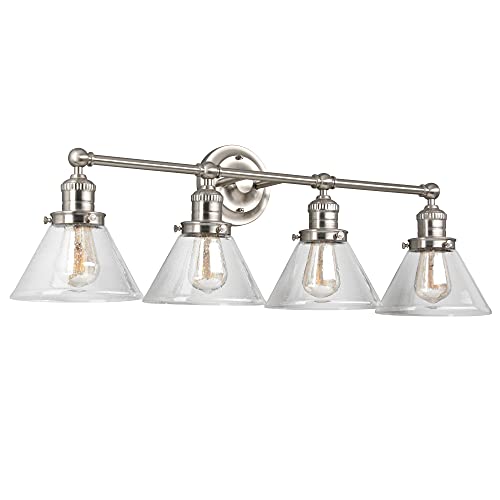 Image of Design House Augustin Vanity Light, 4-Light, Seeded Glass Warm Glow, Dimmable, Up /Down Glow, Easy Installation, E26 Socket, Satin Nickel, 34.9 in L x 8.3 in D x 11.1 in H, 589044-SN