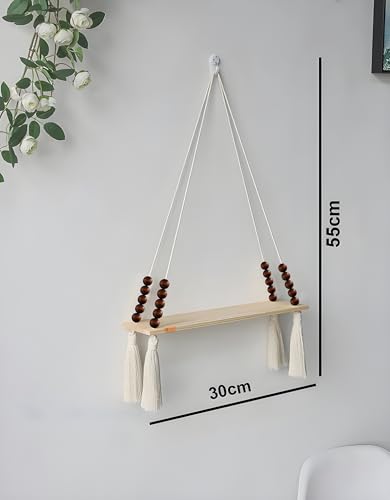 Image of Bohemian Macrame Hanging Wall Art Shelf - Rustic Wood Swing Decor with Beads & Tassels - Includes Adhesive Hook - Floating Plant Holder