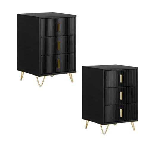 SoBuy Lot de 2 Table de Chevet - Table de Nuit avec 3 tiroirs, Table d'appoint pour Chambre à Coucher - Meuble de Rangement Moderne, Noir L40 x P40 x H63 cm...