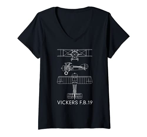 Womens Vickers F.B.19 Fighting Scout Biplane WWI Plane Blueprint V-Neck T-Shirt, Black
