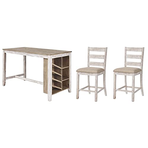 Signature Design by AshleySkempton Farmhouse 36" Counter Height Dining Table with Storage & Wine Rack, Whitewash & Skempton 24" Counter Height Upholstered Barstool, Set of 2, Antique White
