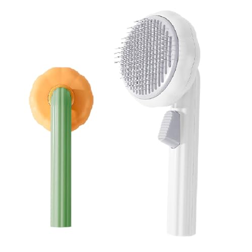 Cepillo autolimpiante para mascotas con forma de calabaza, peine desenredante ergonómico para perros y gatos de pelo largo, fácil eliminación del pelo con un solo botón (Blanco)