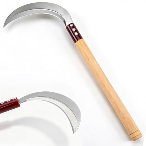 Image of Haipeiyl Harvesting Weeding Scythe, Manganese Steel Solid Wood Handle Hand held Sickle for Weeding Farm Harvesting Clearing Vines Yard Gardening Pruning