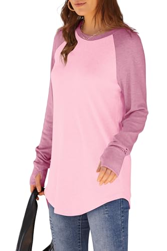 Image of XIEERDUO Womens Tunic Tops to Wear with Leggings Long Sleeve Thumb Hole Shirts Crew Neck Curved Hem