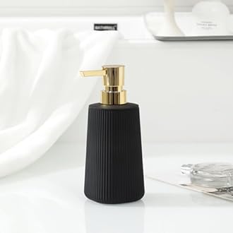 Small Soap Dispenser for Bathroom and Kitchen, Modern Farmhouse Striped Style Plastic Hand Soap Dish Soap Dispenser with Pump Matte Black and Gold