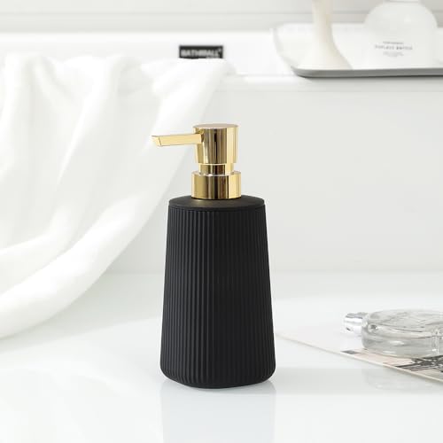 Small Soap Dispenser for Bathroom and Kitchen, Modern Farmhouse Striped Style Plastic Hand Soap Dish Soap Dispenser with Pump Matte Black and Gold