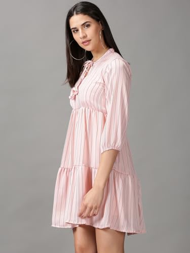 Image of SHOWOFFFF Women Stripe Print Fit and Flare Casual Dress | Round Neck 3 /4th Sleeves Satin Dress for Womens | Above Knee Dress for Women's