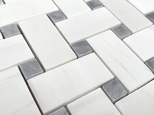 Tenedos Bianco Dolomite Basketweave Marble Mosaic Tile with Grey Dots, Polished Finish for Kitchen Backsplash, Bathroom Floor & Wall, Fireplace, Accent Wall (1 Sheet) - Thumbnail 5