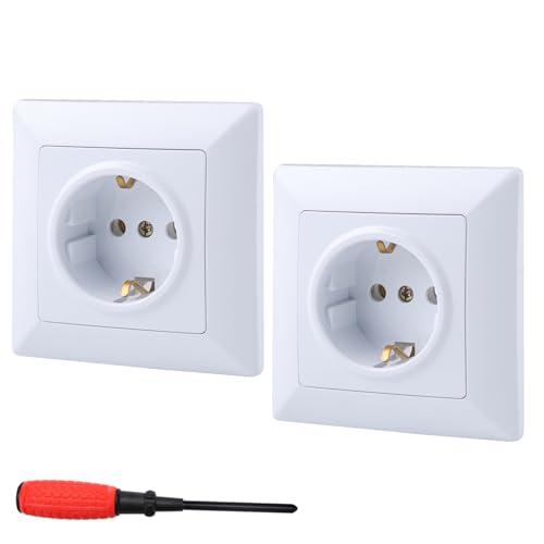 2 Pack Enchufe de Pared EU Enchufes Empotrados Estándar 16A 250V Schuko Enchufe con protección Blanco Base Enchufe Superficie Enchufe Pared con destornillador para uso en interiores(80mmx80mm)